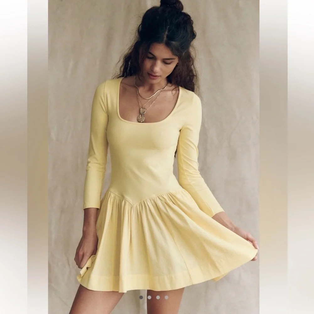Free People Onda Drop Waist Long Sleeve Mini Dress-Yellow